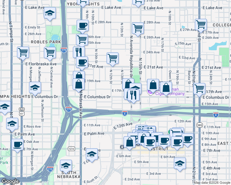 map of restaurants, bars, coffee shops, grocery stores, and more near 1207 East 17th Avenue in Tampa
