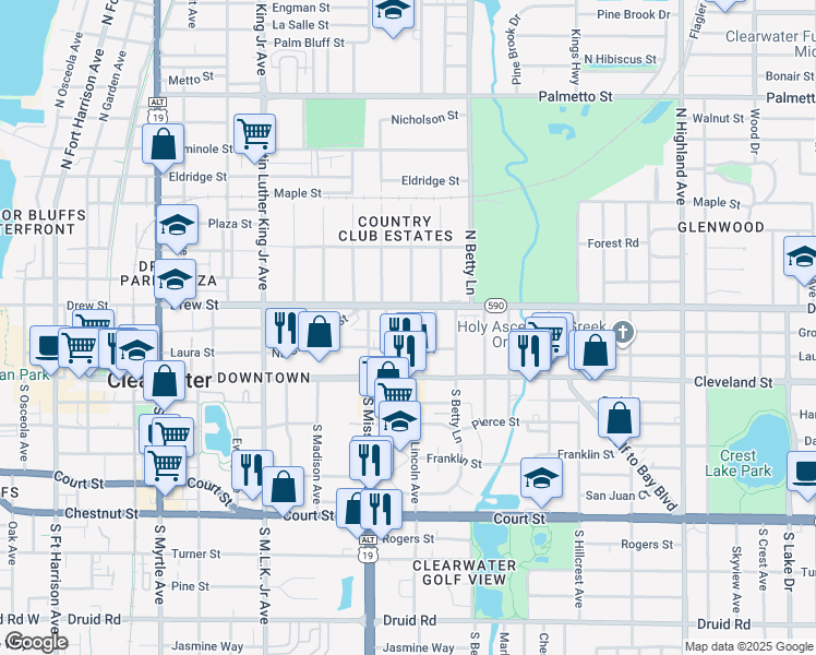 map of restaurants, bars, coffee shops, grocery stores, and more near 1221 Drew Street in Clearwater