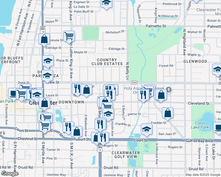 map of restaurants, bars, coffee shops, grocery stores, and more near 121 North Jefferson Avenue in Clearwater