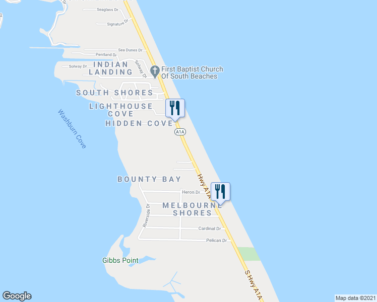 map of restaurants, bars, coffee shops, grocery stores, and more near 5745 South Highway A1A in Melbourne Beach