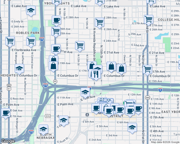 map of restaurants, bars, coffee shops, grocery stores, and more near 1311 East 17th Avenue in Tampa