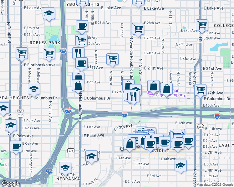 map of restaurants, bars, coffee shops, grocery stores, and more near 1213 East 17th Avenue in Tampa