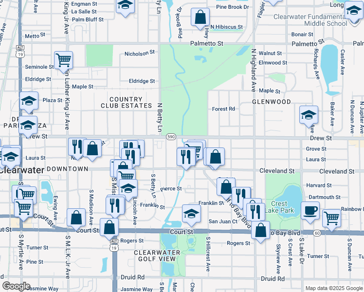 map of restaurants, bars, coffee shops, grocery stores, and more near 111 North Lady Mary Drive in Clearwater