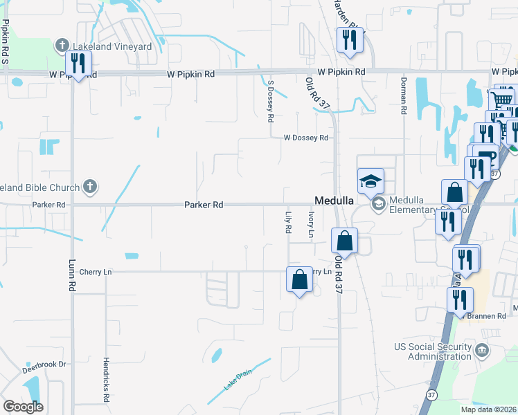 map of restaurants, bars, coffee shops, grocery stores, and more near 1150 Parker Road in Lakeland