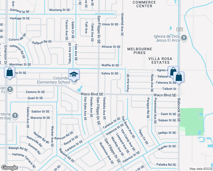 map of restaurants, bars, coffee shops, grocery stores, and more near 1261 Vandalia Avenue Southeast in Palm Bay