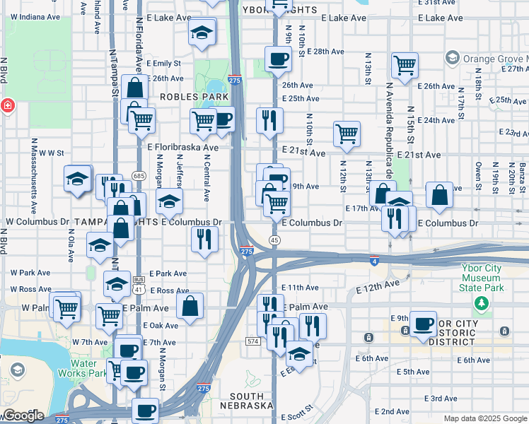 map of restaurants, bars, coffee shops, grocery stores, and more near 801 East Forest Avenue in Tampa