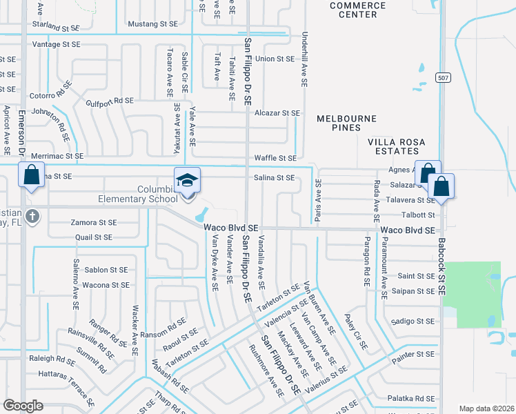 map of restaurants, bars, coffee shops, grocery stores, and more near 1260 Vandalia Avenue Southeast in Palm Bay