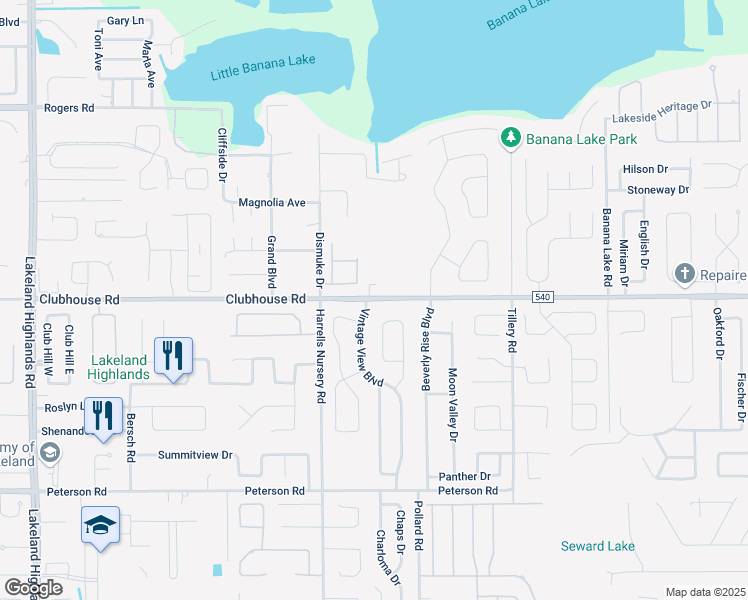 map of restaurants, bars, coffee shops, grocery stores, and more near 2905 Clubhouse Road in Lakeland