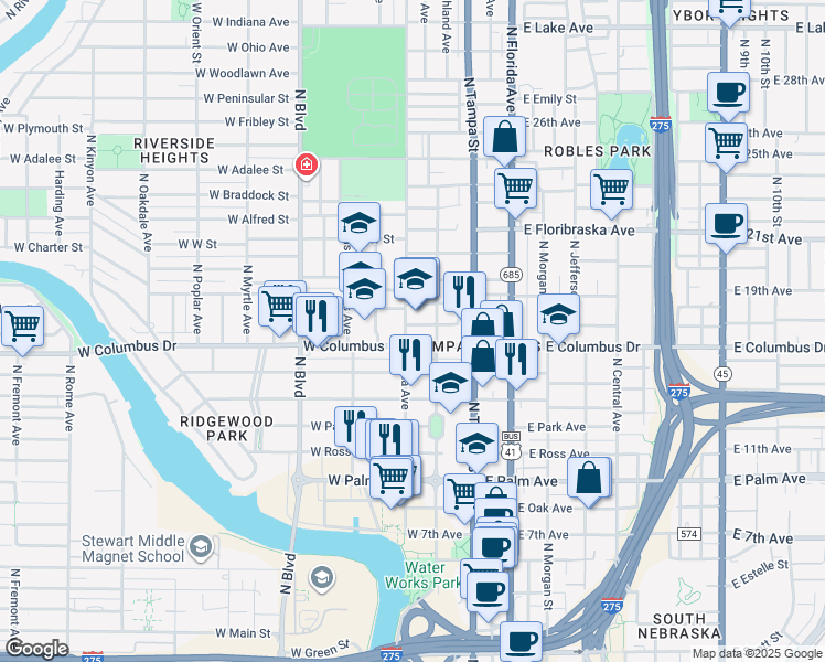 map of restaurants, bars, coffee shops, grocery stores, and more near 2611 North Massachusetts Avenue in Tampa