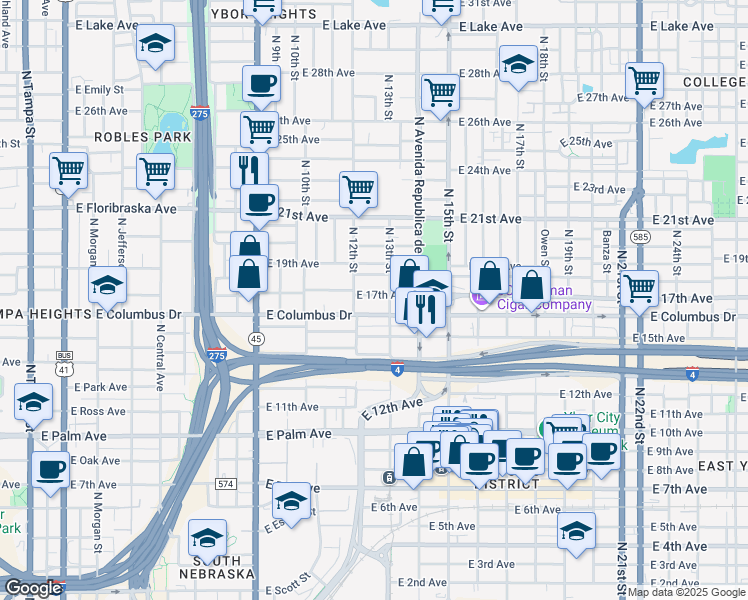 map of restaurants, bars, coffee shops, grocery stores, and more near 1213 East 17th Avenue in Tampa
