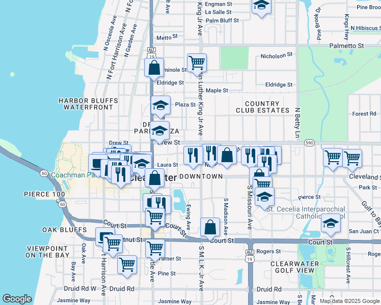 map of restaurants, bars, coffee shops, grocery stores, and more near 1006 Grove Street in Clearwater