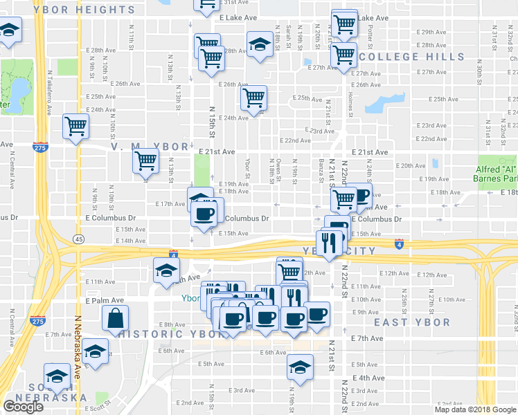 map of restaurants, bars, coffee shops, grocery stores, and more near 1711 East 17th Avenue in Tampa