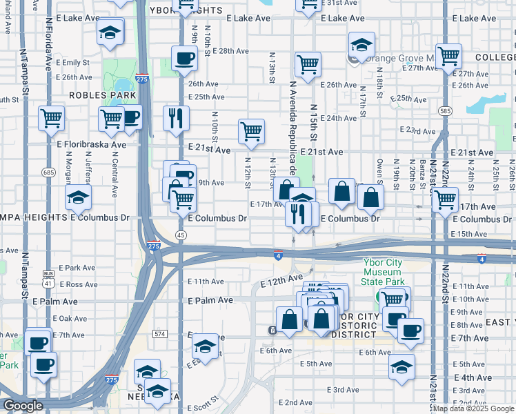 map of restaurants, bars, coffee shops, grocery stores, and more near 1207 East 17th Avenue in Tampa