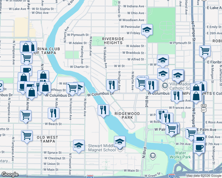 map of restaurants, bars, coffee shops, grocery stores, and more near 2704 N Essex Ct in Tampa