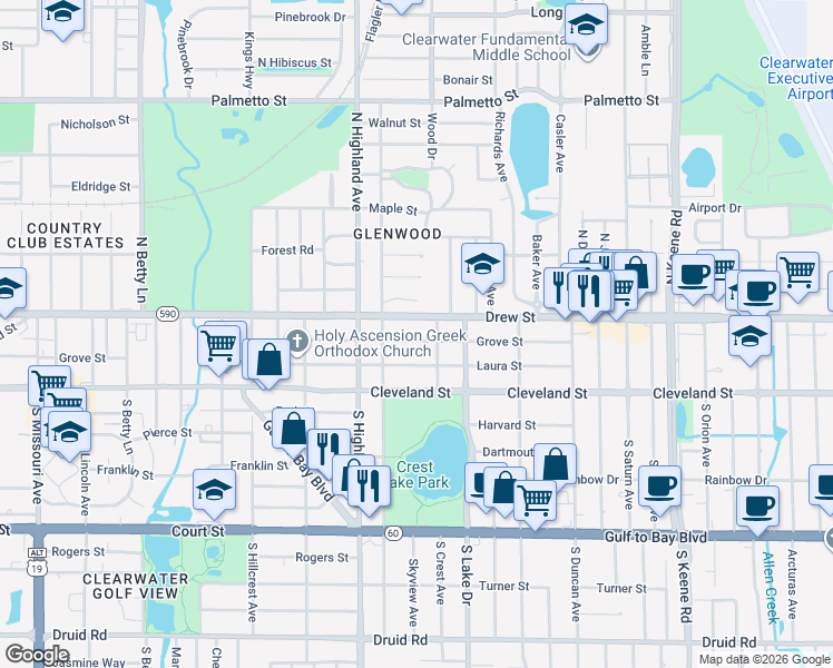 map of restaurants, bars, coffee shops, grocery stores, and more near 1540 Grove Street in Clearwater