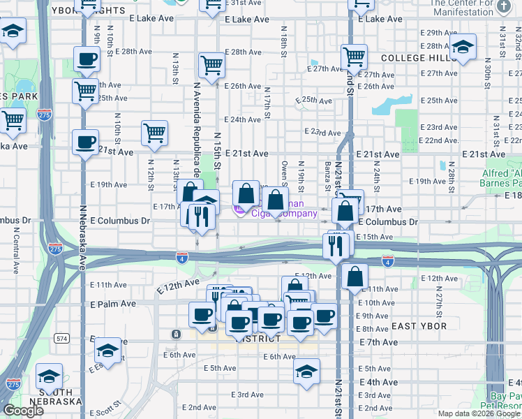 map of restaurants, bars, coffee shops, grocery stores, and more near 1711 East 17th Avenue in Tampa