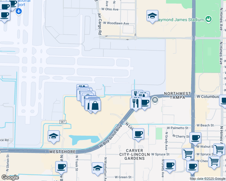 map of restaurants, bars, coffee shops, grocery stores, and more near 4213 Jim Walter Boulevard in Tampa