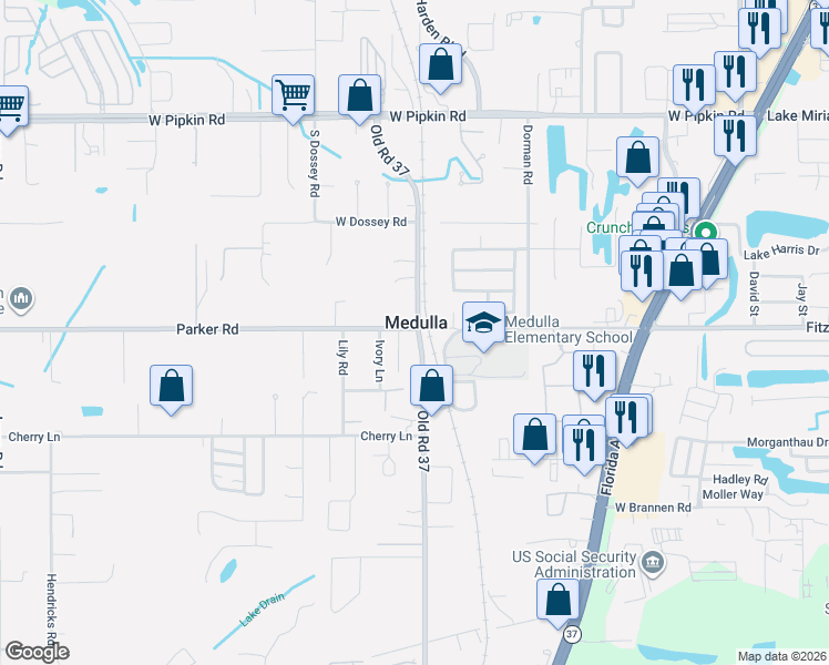map of restaurants, bars, coffee shops, grocery stores, and more near 5405 Old Road 37 in Lakeland