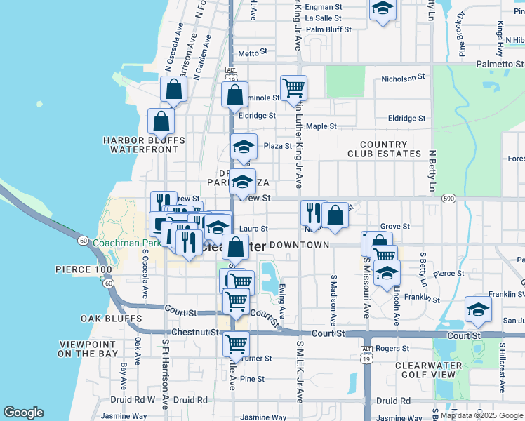 map of restaurants, bars, coffee shops, grocery stores, and more near 124 Booth Avenue in Clearwater