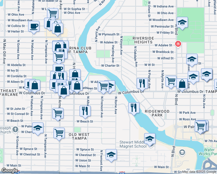 map of restaurants, bars, coffee shops, grocery stores, and more near 1711 West Kathleen Street in Tampa