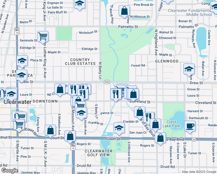 map of restaurants, bars, coffee shops, grocery stores, and more near 111 North Lady Mary Drive in Clearwater