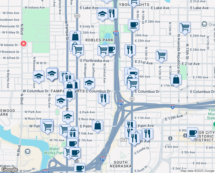 map of restaurants, bars, coffee shops, grocery stores, and more near 2801 North Central Avenue in Tampa