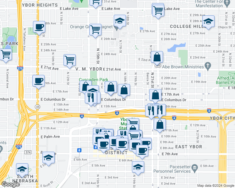 map of restaurants, bars, coffee shops, grocery stores, and more near 1711 East 17th Avenue in Tampa