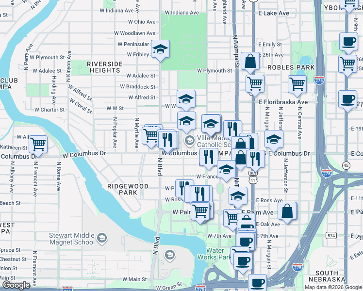 map of restaurants, bars, coffee shops, grocery stores, and more near 2611 North Massachusetts Avenue in Tampa