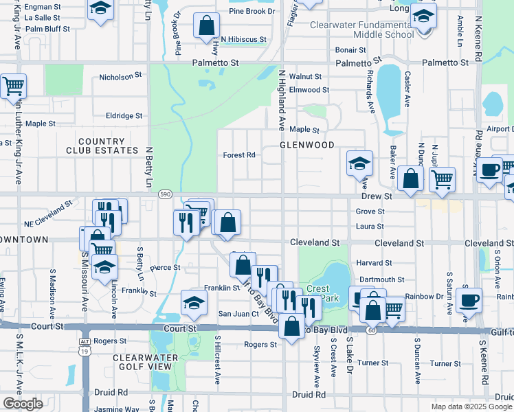 map of restaurants, bars, coffee shops, grocery stores, and more near 118 North San Remo Avenue in Clearwater