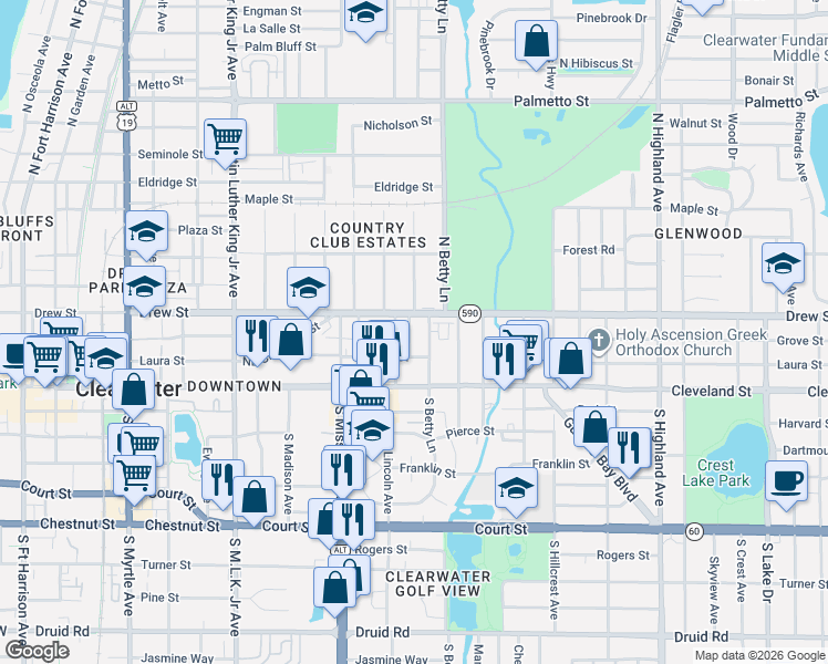 map of restaurants, bars, coffee shops, grocery stores, and more near 123 Kenwood Avenue in Clearwater