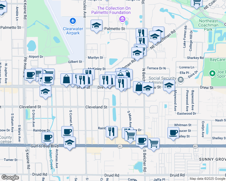 map of restaurants, bars, coffee shops, grocery stores, and more near 2105 Drew Street in Clearwater