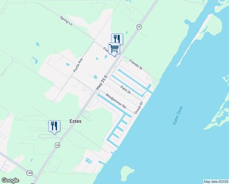 map of restaurants, bars, coffee shops, grocery stores, and more near 202 Windjammer Street in Rockport