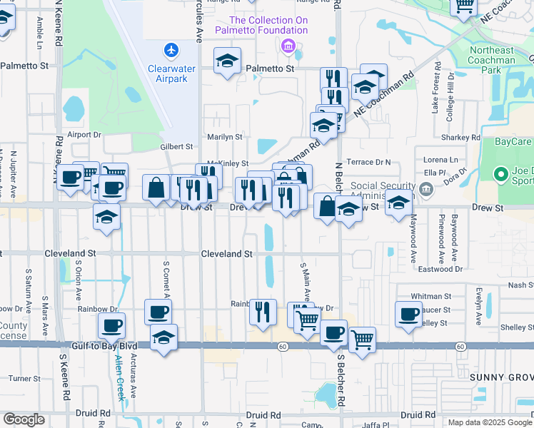 map of restaurants, bars, coffee shops, grocery stores, and more near 2105 Drew Street in Clearwater