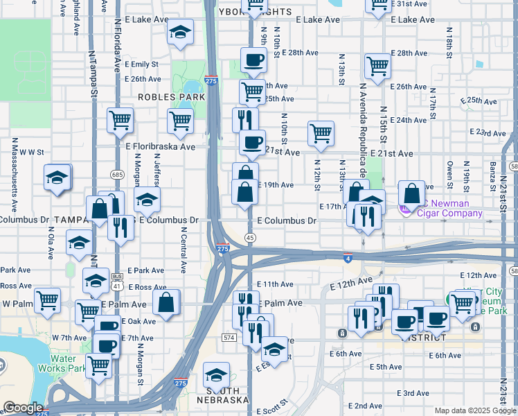 map of restaurants, bars, coffee shops, grocery stores, and more near 905 East 17th Avenue in Tampa