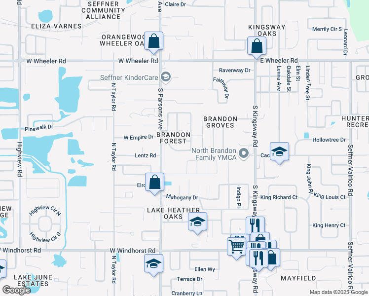 map of restaurants, bars, coffee shops, grocery stores, and more near 2955 Forest Circle in Seffner