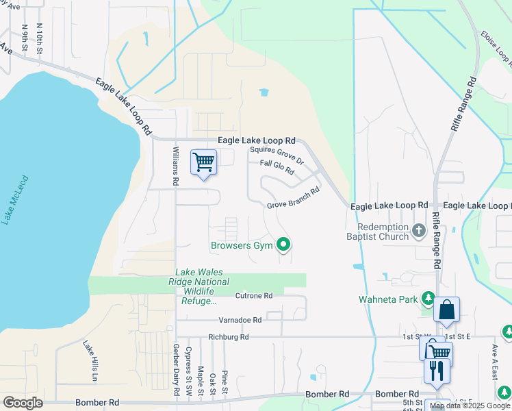 map of restaurants, bars, coffee shops, grocery stores, and more near 608 Squires Grove Drive in Winter Haven
