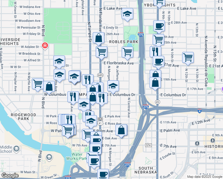 map of restaurants, bars, coffee shops, grocery stores, and more near 2709 North Morgan Street in Tampa