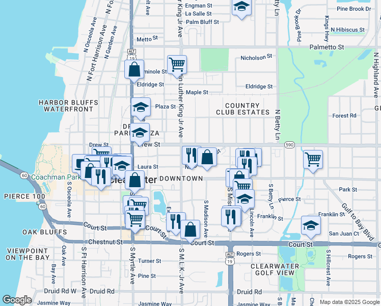 map of restaurants, bars, coffee shops, grocery stores, and more near 1108 Grove Street in Clearwater