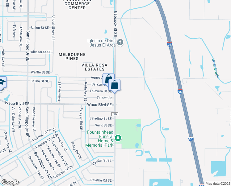 map of restaurants, bars, coffee shops, grocery stores, and more near 7145 Babcock Street Southeast in Grant-Valkaria