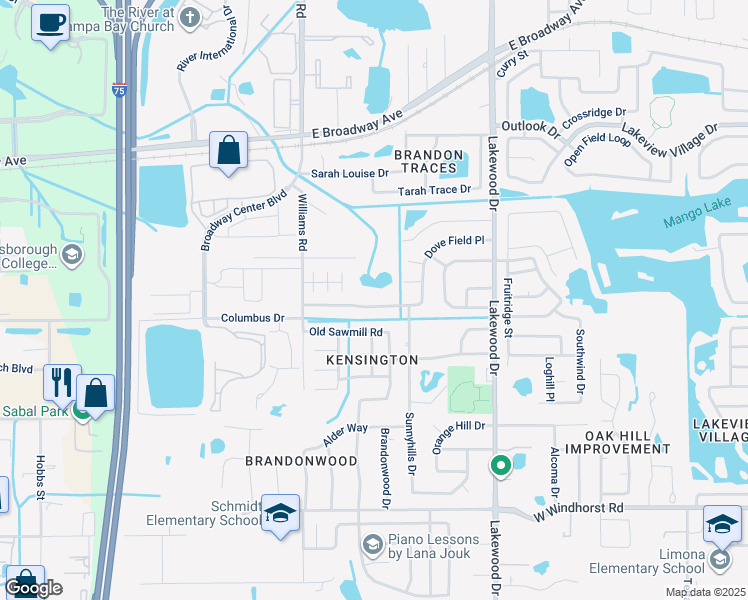 map of restaurants, bars, coffee shops, grocery stores, and more near 1908 Dove Field Place in Brandon