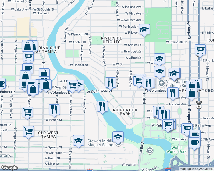 map of restaurants, bars, coffee shops, grocery stores, and more near 2704 North Essex Court in Tampa