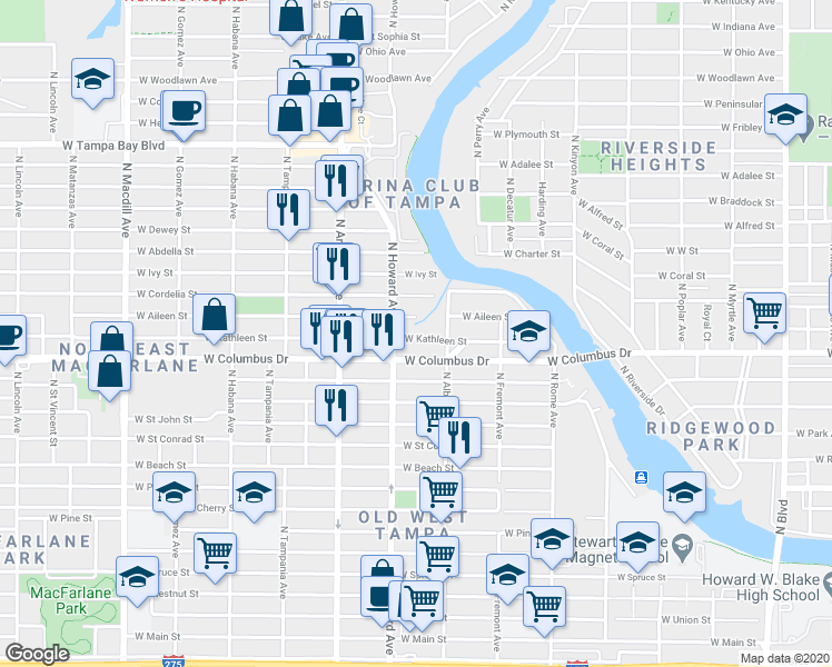 map of restaurants, bars, coffee shops, grocery stores, and more near 2113 West Kathleen Street in Tampa