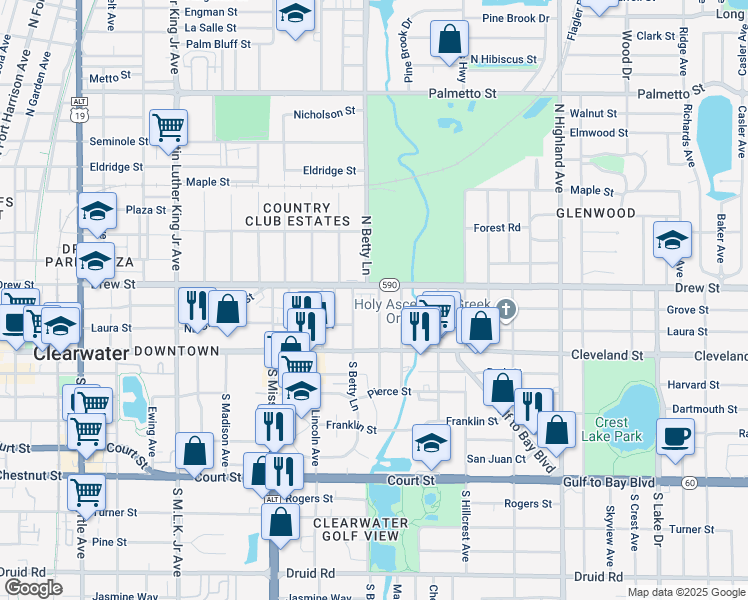 map of restaurants, bars, coffee shops, grocery stores, and more near 124 North Fredrica Avenue in Clearwater
