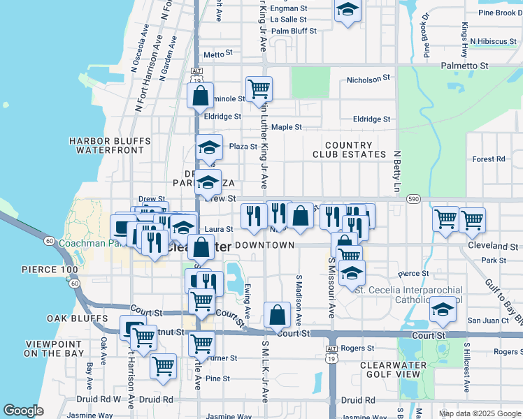 map of restaurants, bars, coffee shops, grocery stores, and more near 1006 Grove Street in Clearwater