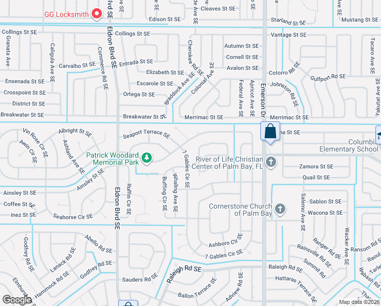 map of restaurants, bars, coffee shops, grocery stores, and more near 609 7 Gables Circle Southeast in Palm Bay