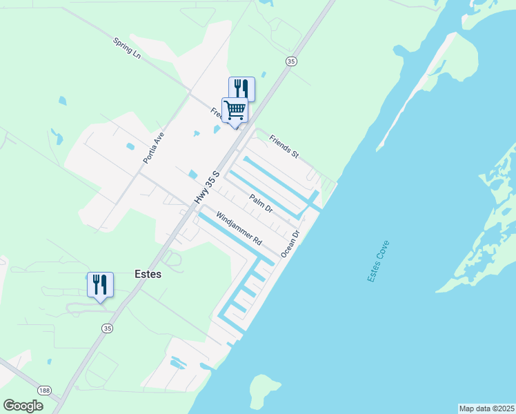 map of restaurants, bars, coffee shops, grocery stores, and more near 127 Palm Drive in Rockport