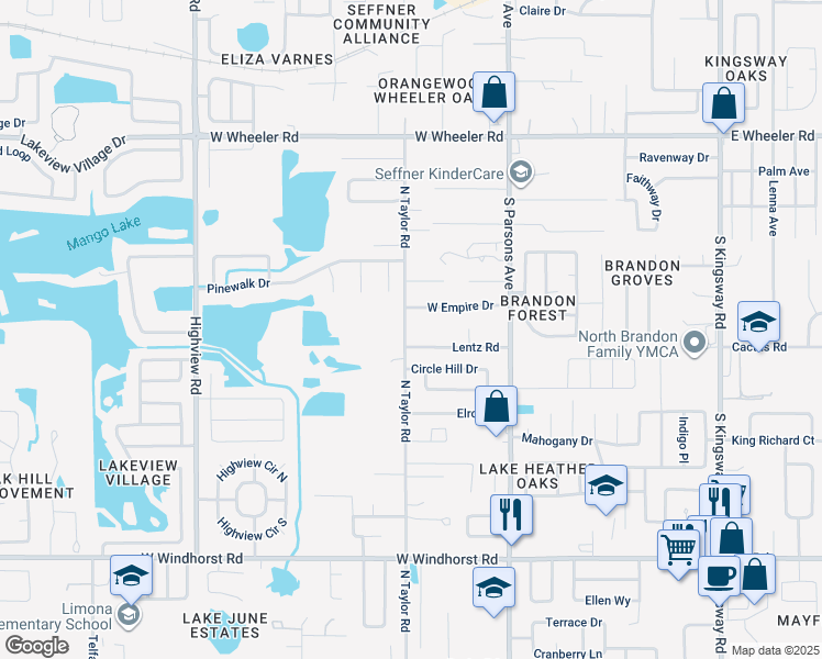 map of restaurants, bars, coffee shops, grocery stores, and more near 1705 N Taylor Rd in Brandon
