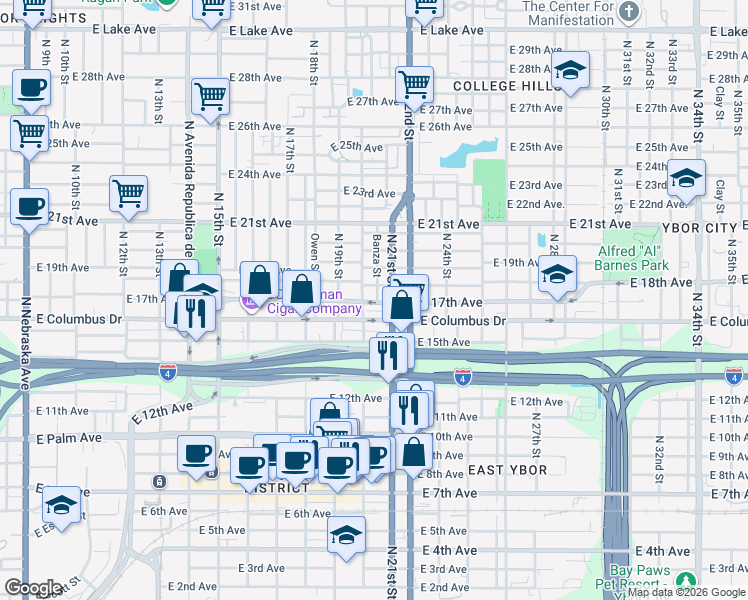 map of restaurants, bars, coffee shops, grocery stores, and more near 2710 North 20th Street in Tampa