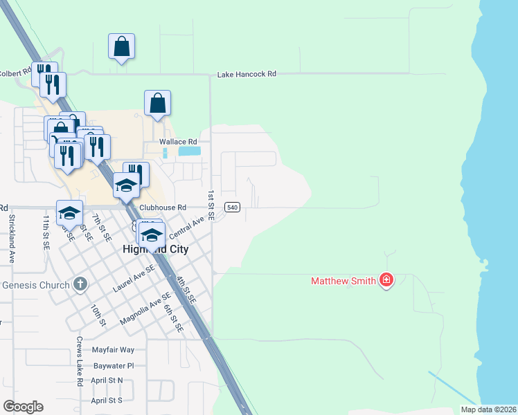 map of restaurants, bars, coffee shops, grocery stores, and more near 4628 Clubhouse Road in Lakeland