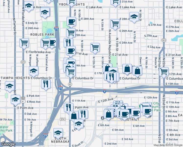map of restaurants, bars, coffee shops, grocery stores, and more near 1023 East 17th Avenue in Tampa